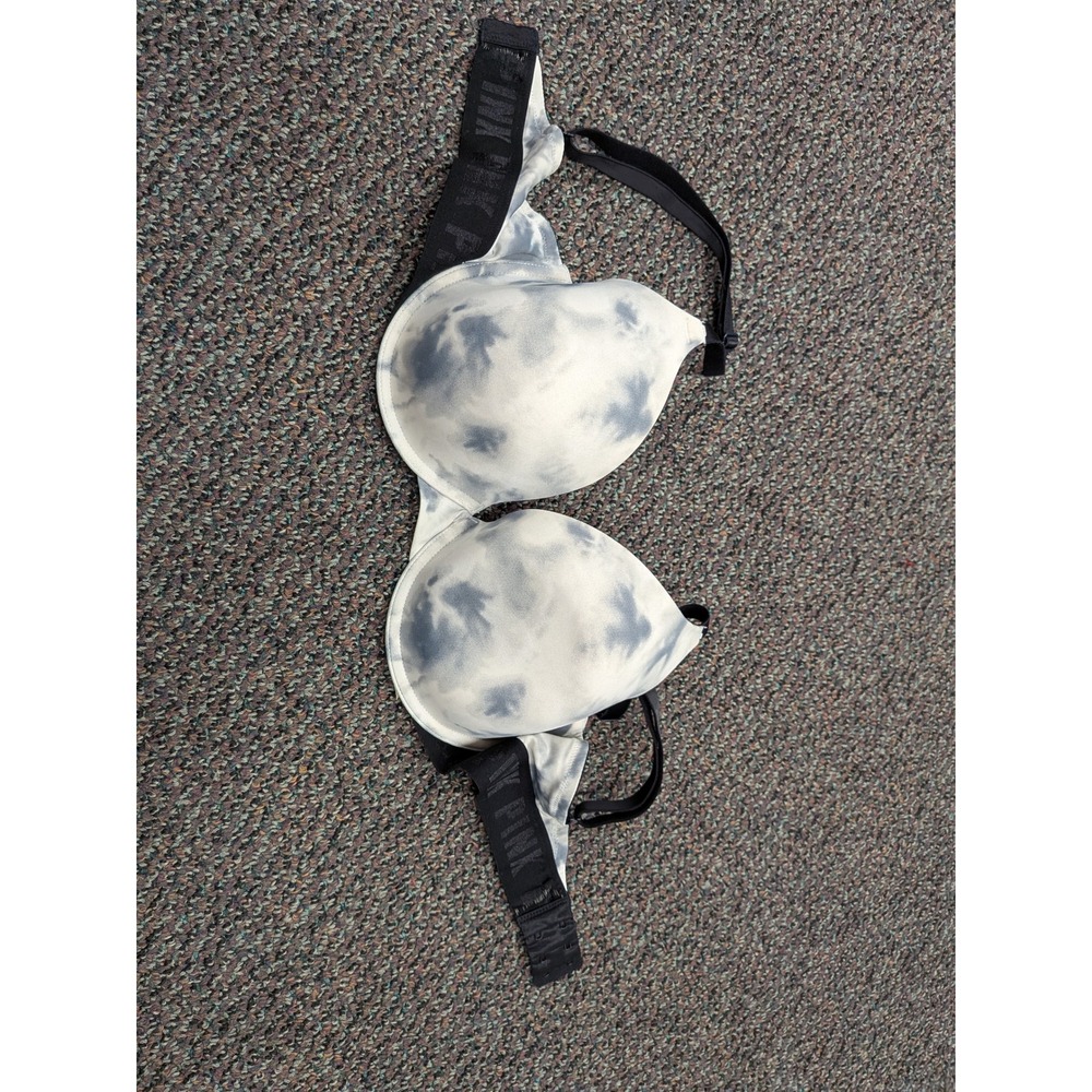 Victoria's Secret PINK Push Up Bra Blue White Tie Dye Logo Band Underwire